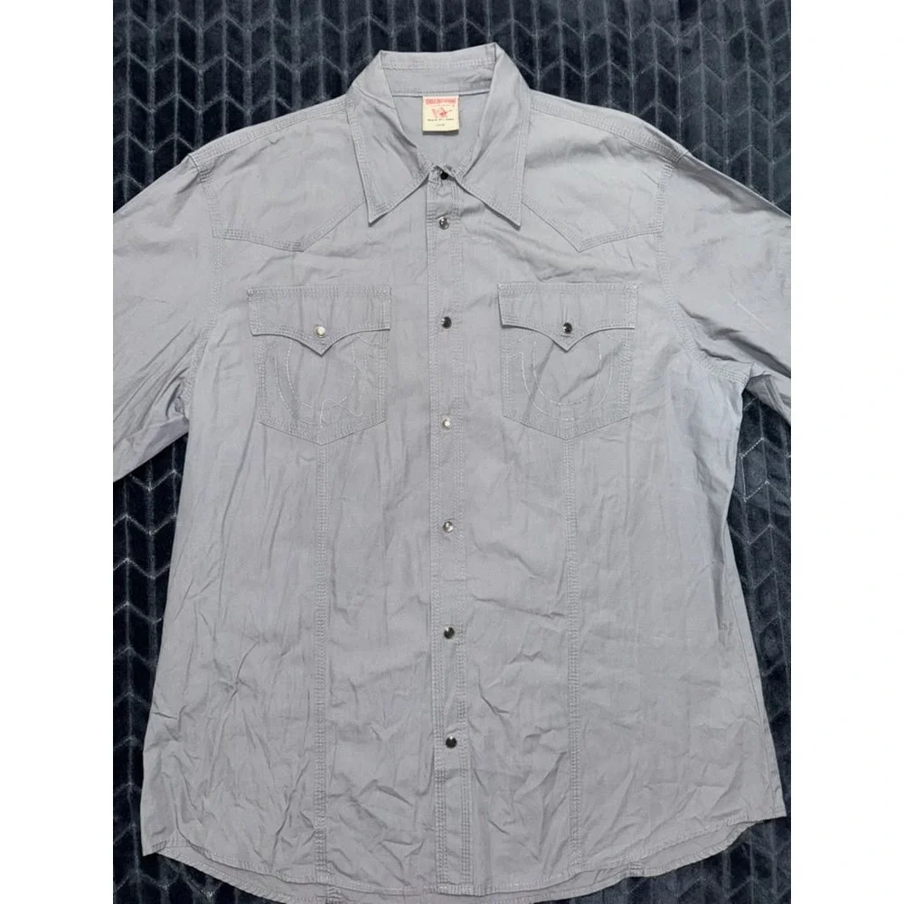 True Religion Mens Gray Pearl Snap Western Long Sleeve Shirt Pockets Sz 3XL